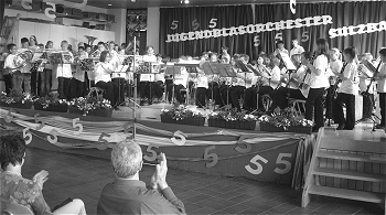 Am Ende des Musikvereinskonzerts in der Sulzbacher Volksschule stand ein Gemeinschaftsauftritt von Bläserklassen, Vororchester und Jugendblasorchester, bei dem es auf der Bühne bedenklich eng wurde. Foto: privat