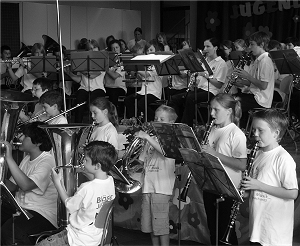 Zum Finale vereint: Bläserklassen, Vororchester und Jugendblasorchester beim gemeinsamen Auftritt in der Sulzbacher Schulaula. Foto: privat